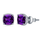 Sterling Silver 6MM Square Cushion-Cut Amethyst with Rope Detail Border Stud Earrings